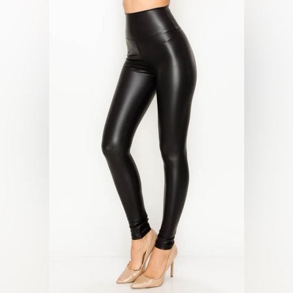 High Waisted Faux Leather Leggings in Black - Picture 3 of 3